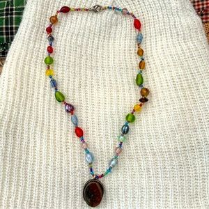 Vtg Colorful Glass Seed Bead Necklace Red Green Bloodstone Pendant Handmade OOAK